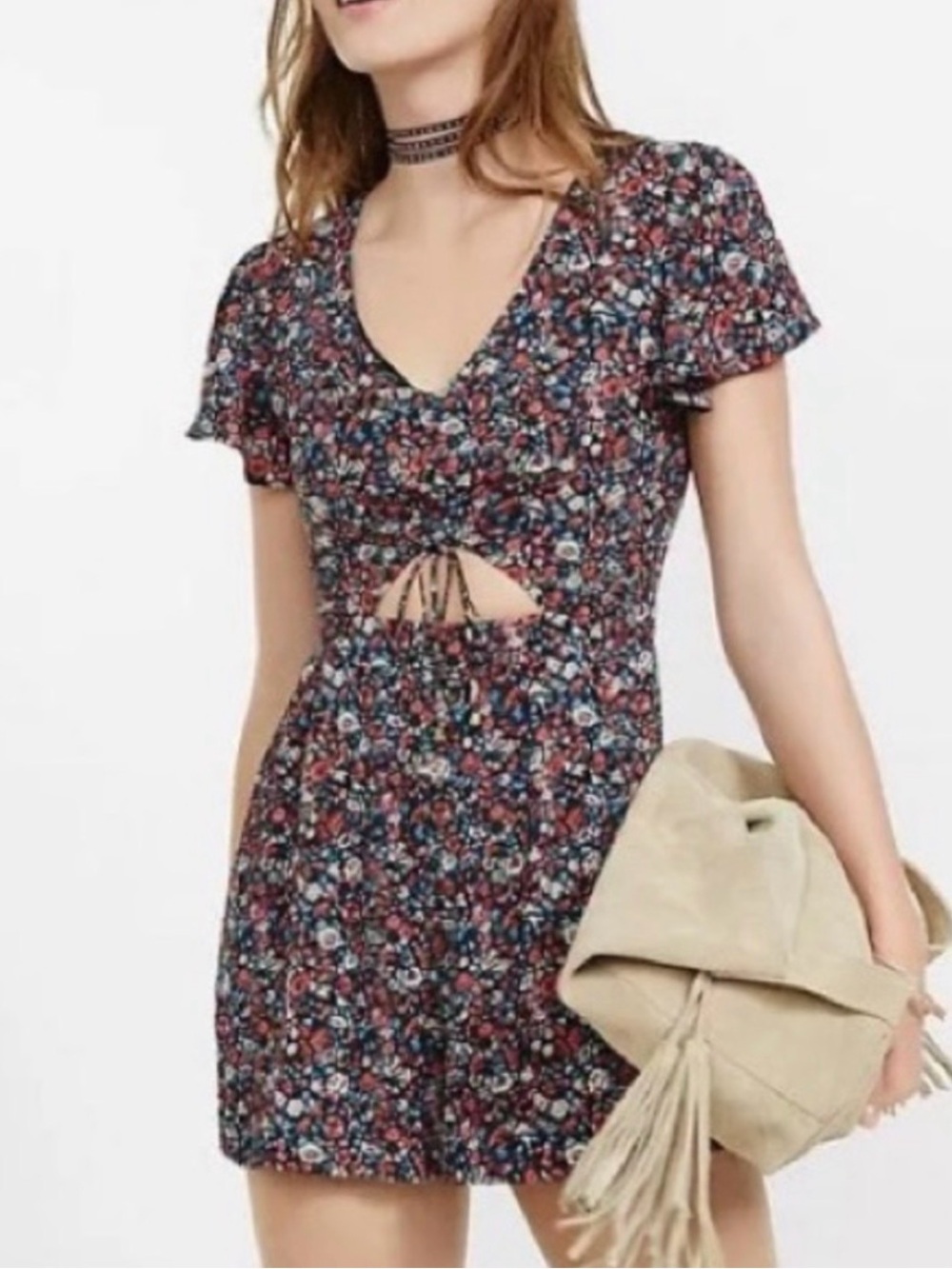 Express Floral Ruched Cut Out V-Neck Romper